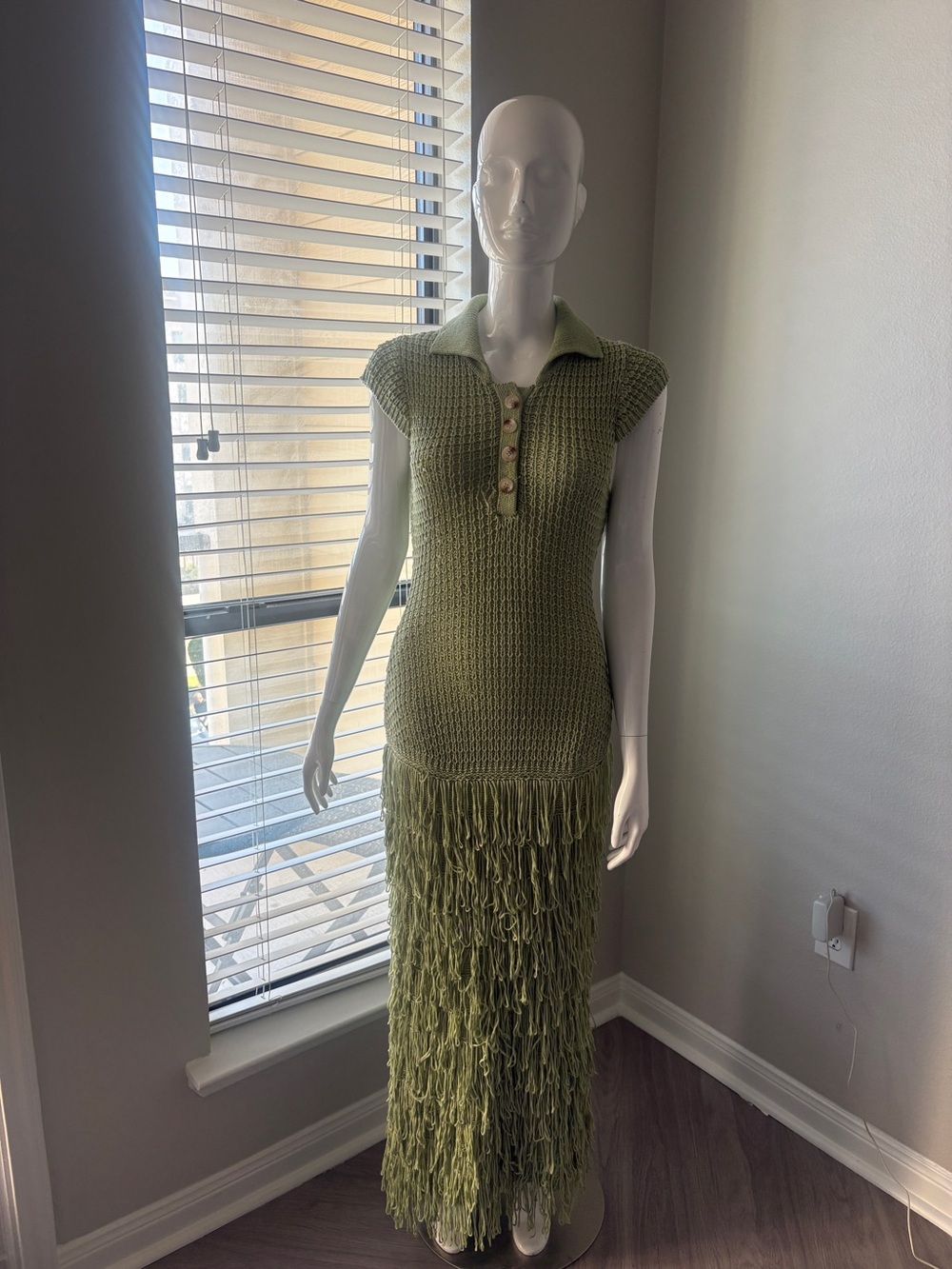 Olive Green Knit Fringe Maxi Dress